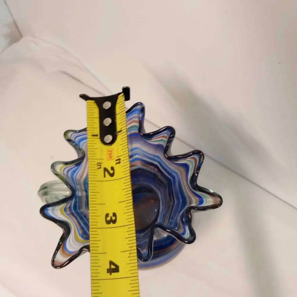Vintage Glass Pitcher Vase Blue Swirl Budding Ruffled Rim, Murano Glass Style